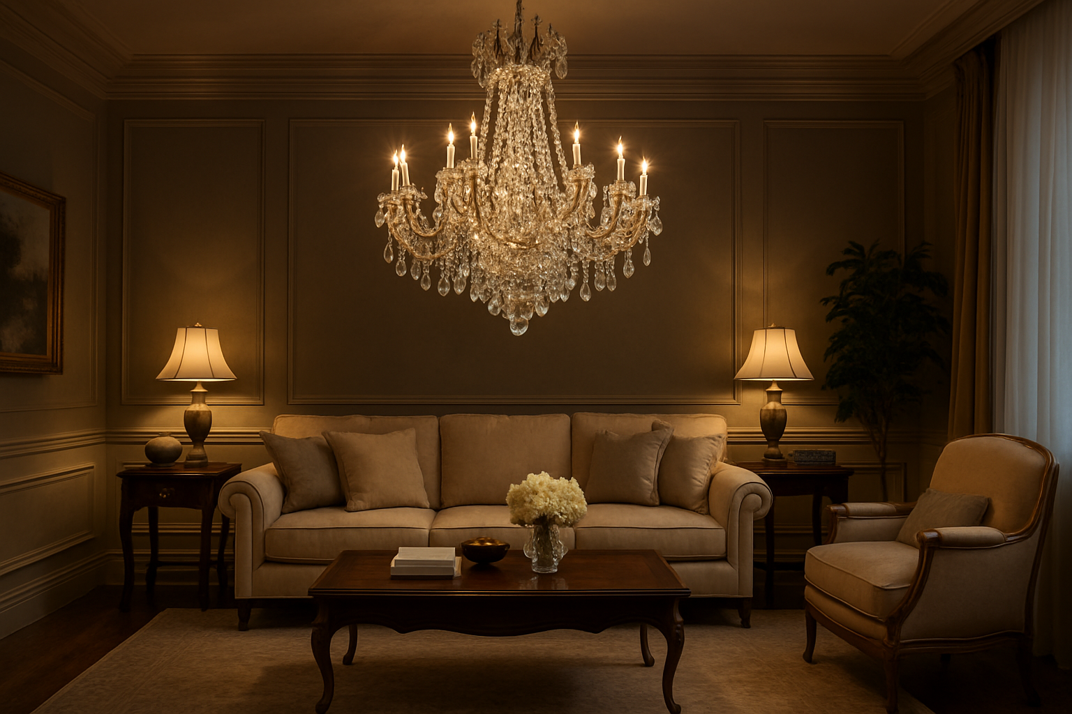 帮我生成一张奢华水晶吊灯的客厅场景，图片尺寸2000x900