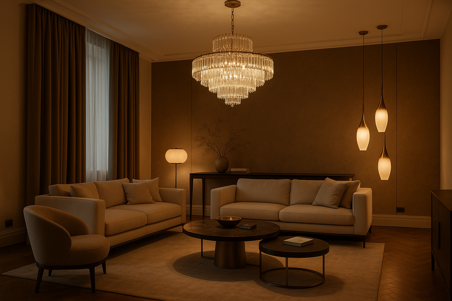 A luxurious modern living room with a large chandelier and pendant lights, warm ambient lighting, elegant furniture, soft shadows, high-end interior design, cozy yet sophisticated atmosphere, realistic render