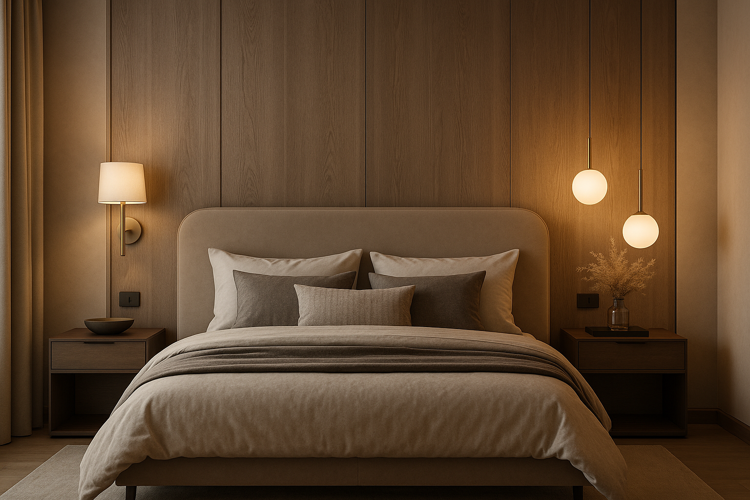 A modern luxurious bedroom with bedside wall sconces and hanging pendant lights, warm soft lighting, elegant bed and decor, cozy sophisticated atmosphere, high-end interior, realistic render