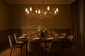 A stylish dining room with a striking chandelier above the table, soft warm light illuminating modern dining furniture, elegant table setting, high-end interior, realistic, cozy and luxurious ambiance